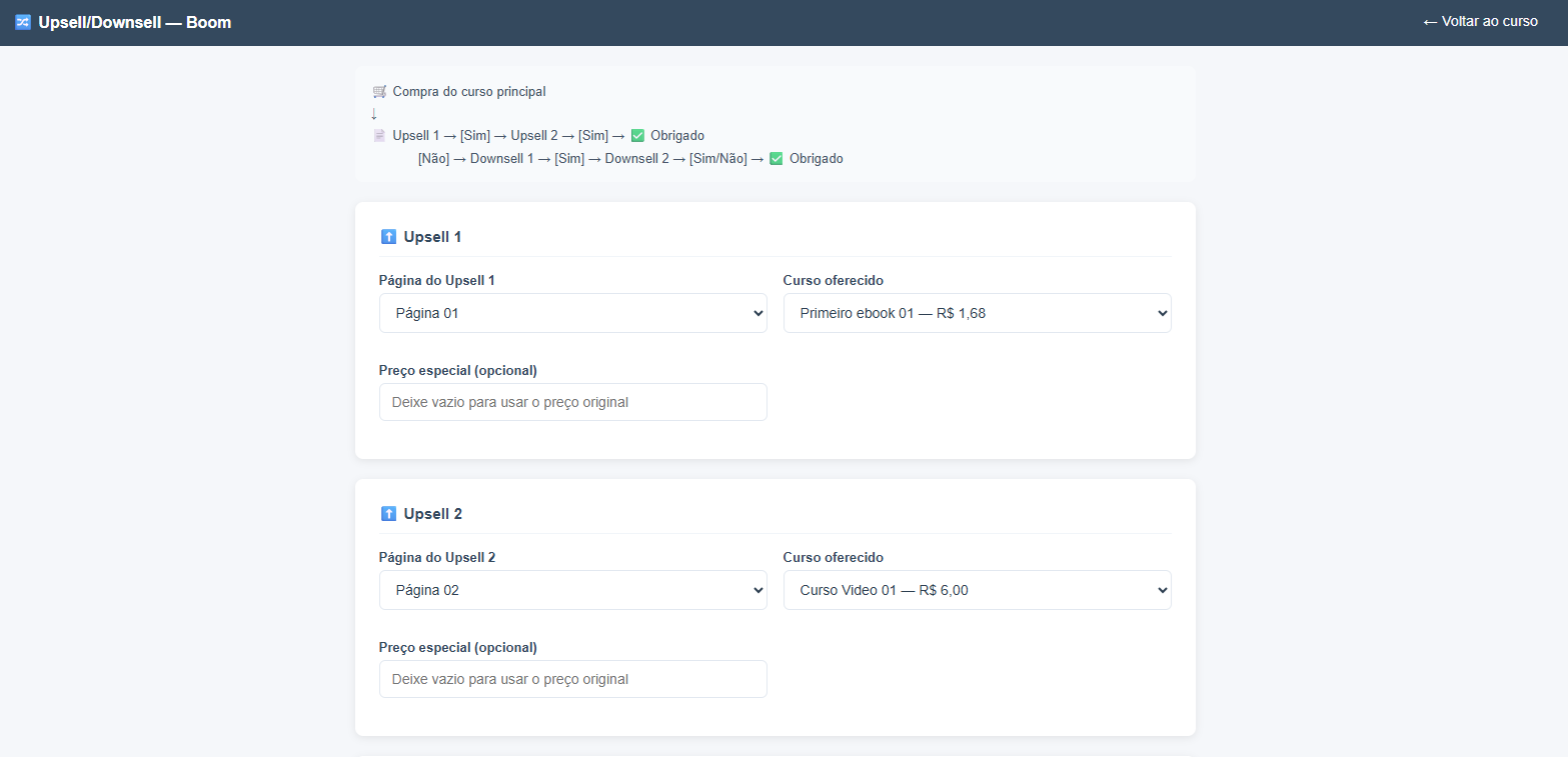 Configuração do funil Upsell e Downsell no KadLearn