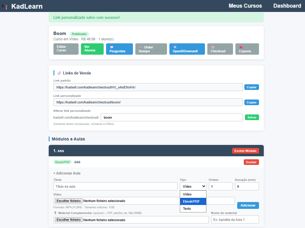 Painel de criação de curso no KadLearn